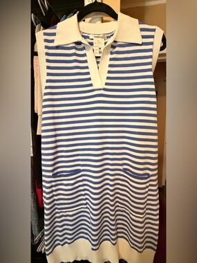 Sleeveless Striped Polo Knit Dress in Blue and White